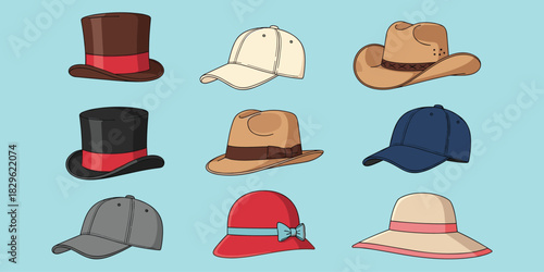 Hat collection, top hat, baseball cap, cowboy hat, fedora, sun hat, fashion accessory, headwear, stylish hats, flat vector illustration