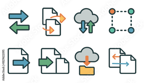 Data transfer and synchronization icon set with cloud and file sharing symbols