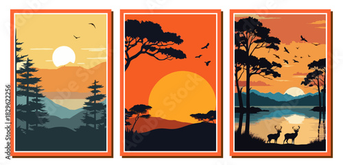 Three vector illustrations: sunset landscapes with mountains, forest silhouettes, deer, and water. Ideal for posters, nature, travel, serenity