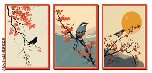 Three vector illustrations in Japanese Ukiyo-e style. Features birds on autumn branches with red leaves and sun. Perfect for nature, oriental, and wall art designs