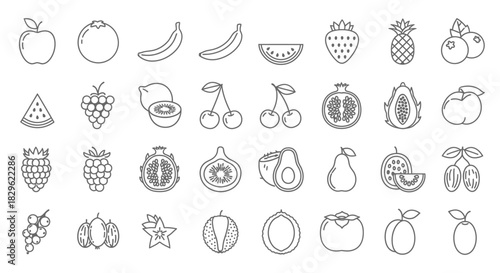 Outline drawing of various fruits, including apples, bananas, and berries.