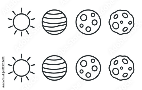 Minimalistic monochrome celestial bodies - sun, planet, moon, asteroid icons
