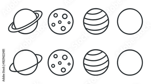Minimalist planet icons on grayscale background displaying space elements