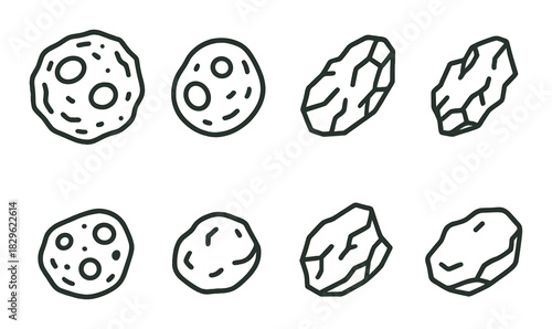Hand-drawn space asteroids on dark green background