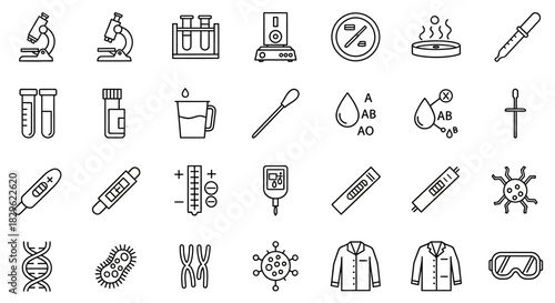 Collection of medical and scientific icons in outline style.