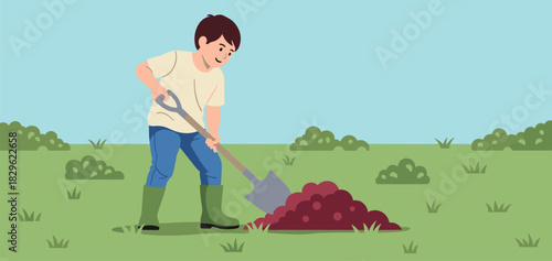 Person digging soil, outdoor activity, gardening scene, compost work, environmental care, landscape effort, shovel action, flat vector illustration
