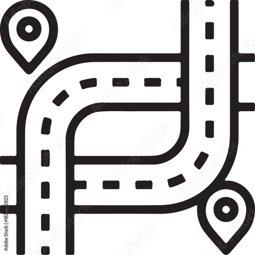Stylized black silhouette of a road junction with navigation pin icons isolated on transparent background