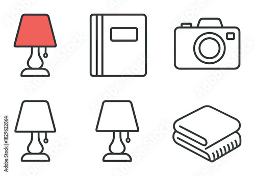 Minimalist icons set: lamp, book, camera, notebook, and blanket on dark background