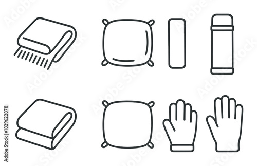 Travel essentials: blanket, pillow, neck pillow, thermos, gloves icons