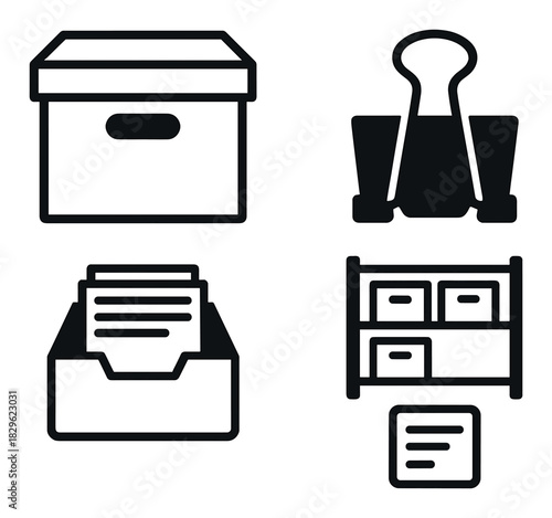 Black office icons: box, binder clip, file drawer, shelf on dark background