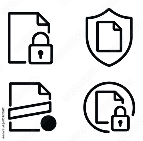 Secure document icons on dark background - locks and shield symbols for data protection