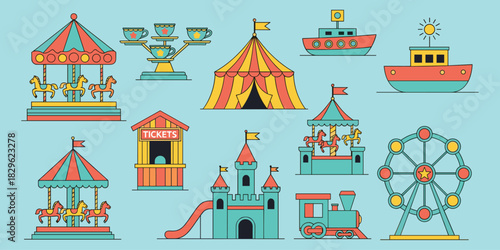 Amusement park elements, carnival rides, carousel and Ferris wheel, circus tent, ticket booth, funfair icons, flat vector illustration