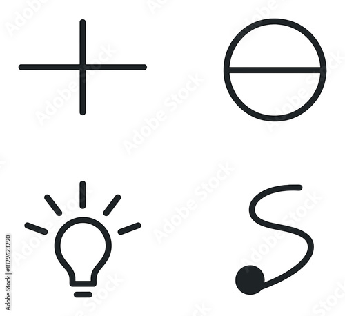 Set of four minimalist icons: plus, circle, light bulb, semiquaver on black background