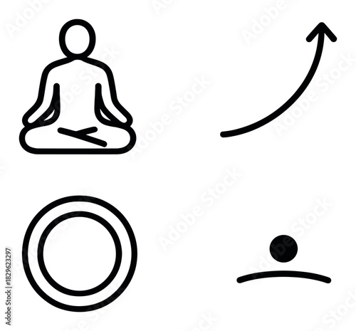 Minimalistic icons set featuring yoga pose, rising arrow, circle, and horizon line on black background