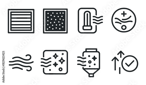 Set of air purifier icons depicting various filtering functions and indicators