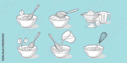 Baking preparation steps, mixing ingredients, flour and eggs, kitchen process, cooking visuals, recipe icons, flat vector illustration