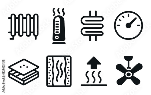 Heating and ventilation icon set with radiator, thermostat, and ventilation symbols