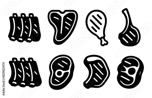 Variety of meat cuts: steak, ribs, chicken, and ham illustrations