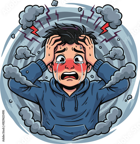 Man experiencing extreme anxiety and panic attack with storm clouds swirling around him in distress