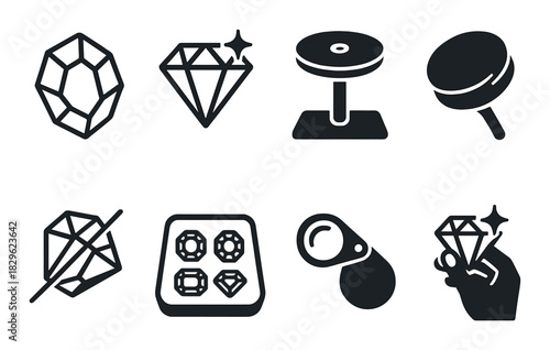 Gemstone icons set: diamonds, jewels, magnifier, display stand, hand