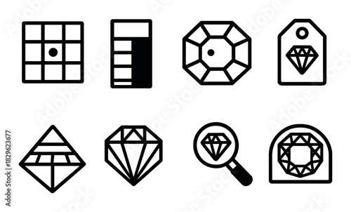 Set of diamond and gemstone icons in geometric black designs on dark background