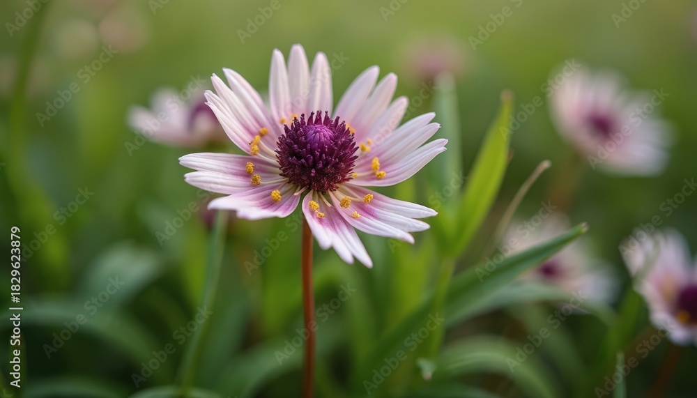 Obraz premium Closeup shows Phyla nodiflora bloom. Purple center, white petals with pink veins, yellow stamens. Green leaves offer backdrop. Floral beauty captures vibrant garden, Florida nature. Delicate details