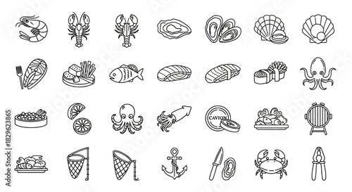 Collection of seafood icons in outline style, including shrimp, lobster, oysters, fish, sushi, octopus, squid, crab, and other marine delicacies.
