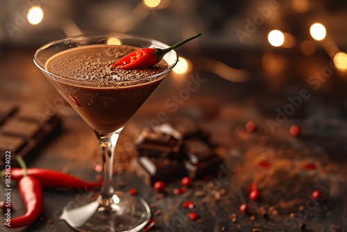 Spicy chocolate martini with chili pepper and festive bokeh lights