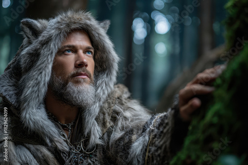 Forest dweller in a fur hood contemplating nature during a misty morning