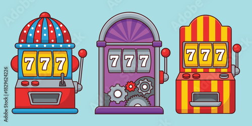 Slot machines with 777, jackpot win, casino game, gambling icons, cartoon style, flat vector illustration, lucky reels, colorful design