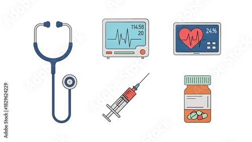 Medical equipment icons including stethoscope, heart monitor, syringe, and pills