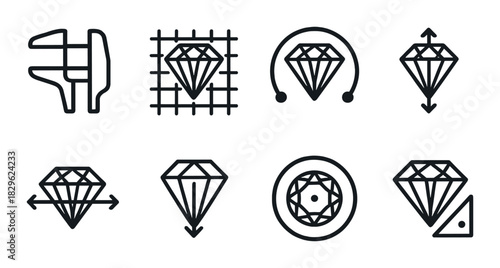 Diamond design icons: symmetry, cut, clarity in black