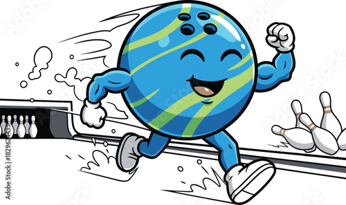 Active bowling ball character happily running fast to knock pins over at the bowling alley game