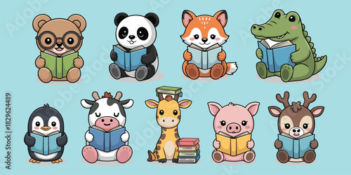 Cute animals reading books, educational theme, cartoon style, learning characters, flat vector illustration, kids literacy, friendly animal readers