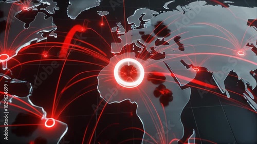 Global network of connections and spreading across the world represented by red lines emanating from highlighted regions on a world map