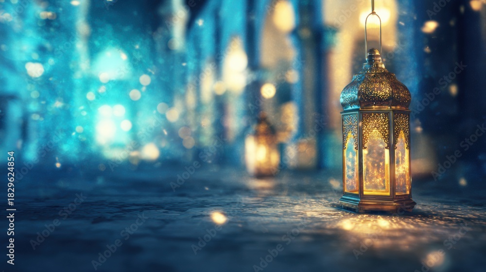 Fototapeta premium Lanterns glowing softly in a nighttime street with blue hues