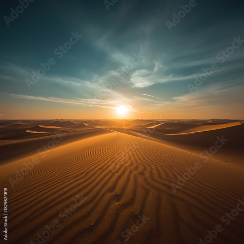 Fototapeta Naklejka Na Ścianę i Meble -  Dramatic sunrise over vast, rippling golden sand dunes under a contrasting blue and orange sky.