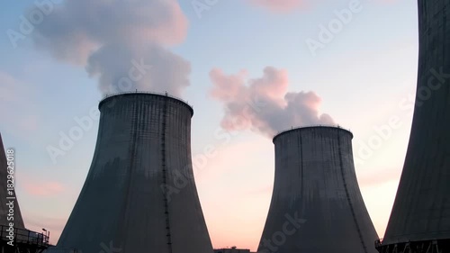 Industrial power plant with cooling towers emitting steam