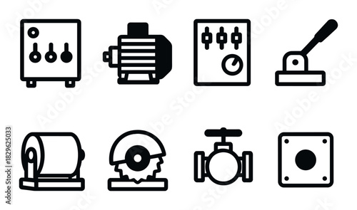 Set of industrial machine icons on dark background