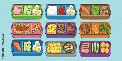 Bento lunch boxes, food variety, healthy meals, grid layout, cartoon style, flat vector illustration, colorful compartments, meal planning