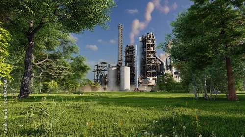 An industrial factory in a green zone. An animation on ecology and climate, production, and the environment.