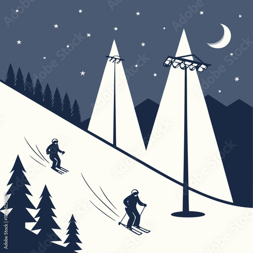 Dos personas esquían rápidamente colina abajo en una pista iluminada bajo un cielo estrellado. A su alrededor, hay árboles y montañas oscuras.

