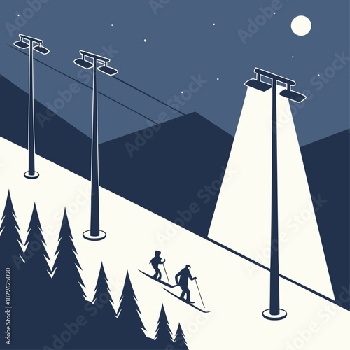 Dos esquiadores ascienden lentamente por una pendiente nevada iluminada por potentes focos en medio de la noche, rodeados de pinos y montañas oscuras bajo la luna.
