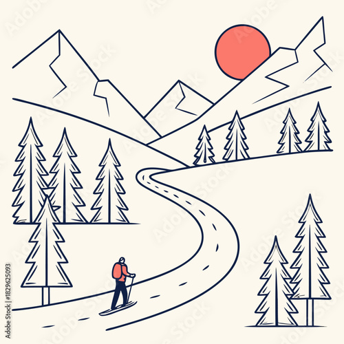 Una persona solitaria con bastones camina con esquís entre árboles altos por un sendero que serpentea hacia las montañas, al atardecer.
