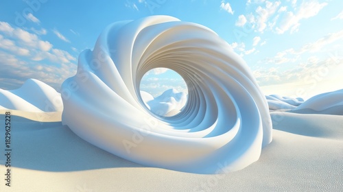Fototapeta Naklejka Na Ścianę i Meble -  Abstract White Sculpture in a Desert Landscape: A Surreal Architectural Masterpiece