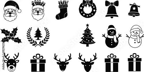 Black and white Christmas icons set, Santa faces, stockings, wreaths, bells, holly, decorated trees, snowmen, reindeer heads, wrapped gift boxes