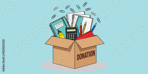 Donation box with school supplies, educational tools, pencils, notebooks, calculator, classroom items, vector art, flat design, cartoon style