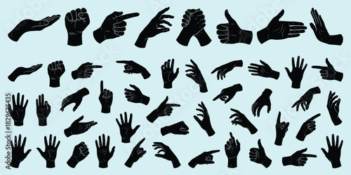 Hand gesture silhouettes vector, expressive poses, pointing, thumbs-up, open palm, black shapes, flat design, cartoon style, communication