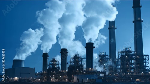 Industrial factory emitting smoke into the night sky