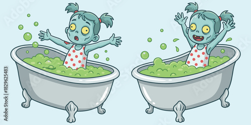 Cartoon child in bathtub, green bubbles, funny expressions, blue skin character, playful bath time, vector art, flat design, humor